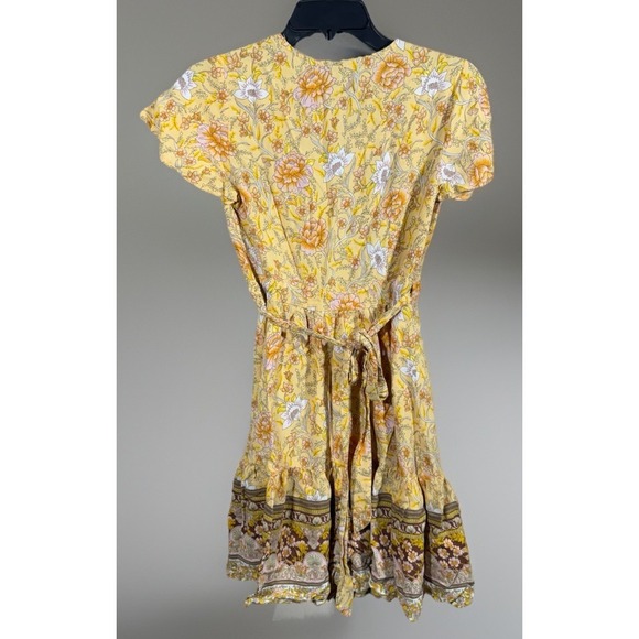 Used  ZESICA Boho Yellow Floral Short Sleeve Midi True Wrap Dress - Picture 6 of 6